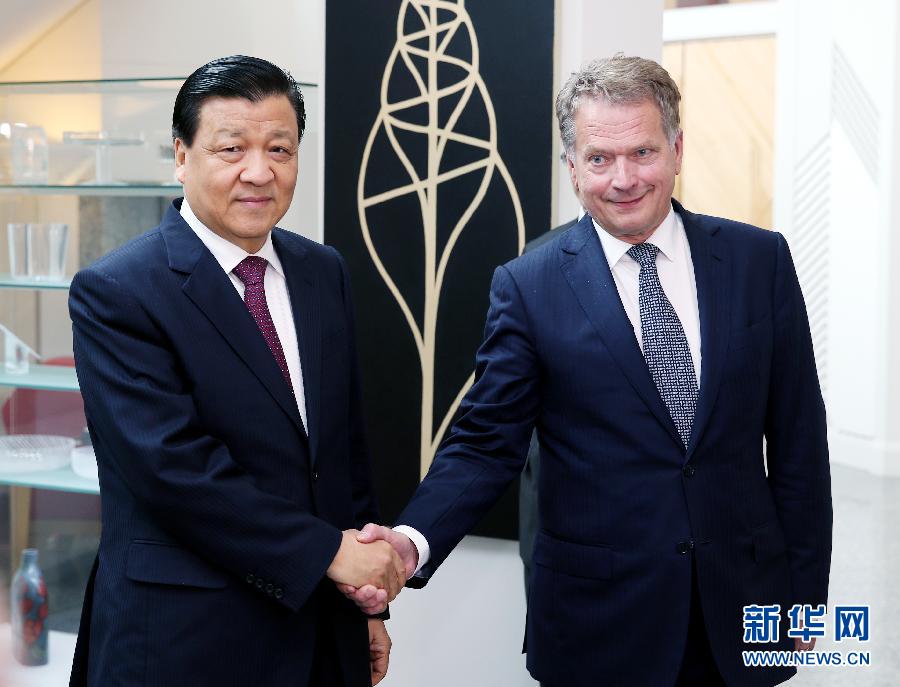 6月12日，中共中央政治局常委、中央書記處書記劉云山在赫爾辛基會見芬蘭總統(tǒng)尼尼斯特。 新華社記者姚大偉攝