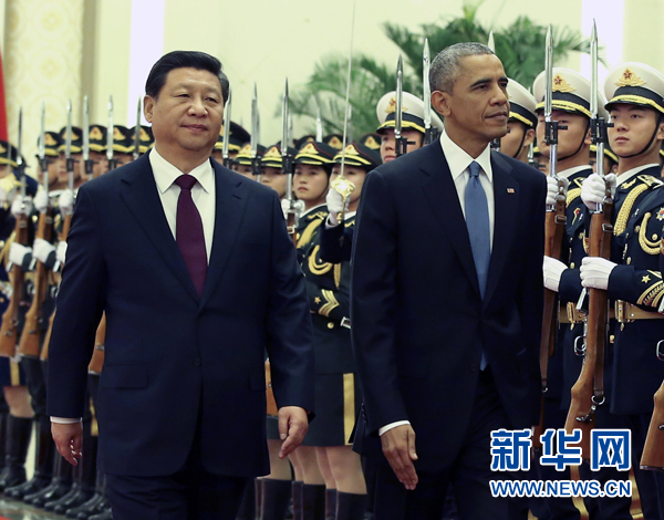 11月12日，國家主席習近平在北京人民大會堂舉行歡迎儀式，歡迎美國總統(tǒng)奧巴馬對中國進行國事訪問。 新華社記者 龐興雷 攝