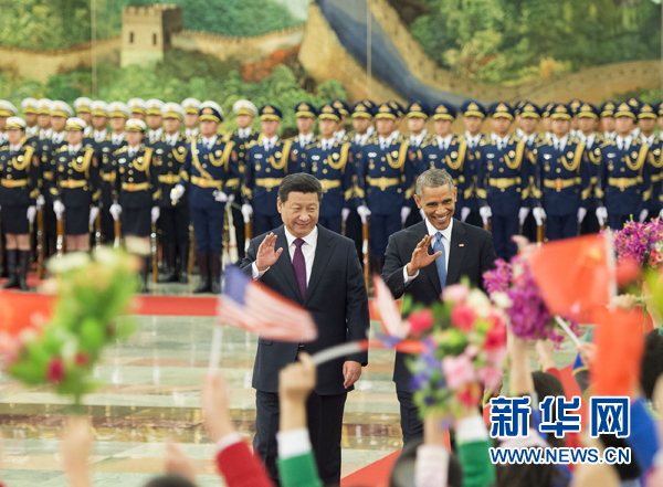 11月12日，國家主席習近平在北京人民大會堂舉行歡迎儀式，歡迎美國總統(tǒng)奧巴馬對中國進行國事訪問。 新華社記者 黃敬文 攝